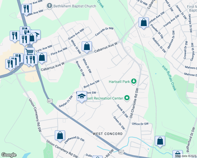 map of restaurants, bars, coffee shops, grocery stores, and more near Swink Street Southwest in Concord