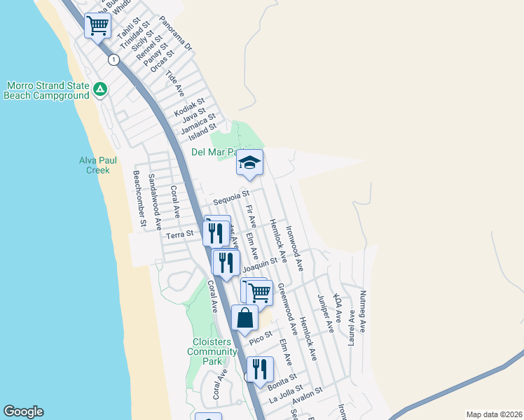 map of restaurants, bars, coffee shops, grocery stores, and more near 2950 Hemlock Avenue in Morro Bay