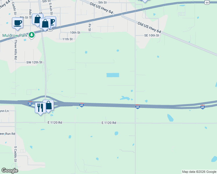 map of restaurants, bars, coffee shops, grocery stores, and more near 473890 East 1117 Road in Muldrow