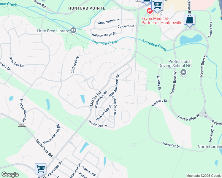 map of restaurants, bars, coffee shops, grocery stores, and more near 12627 Windyedge Road in Huntersville