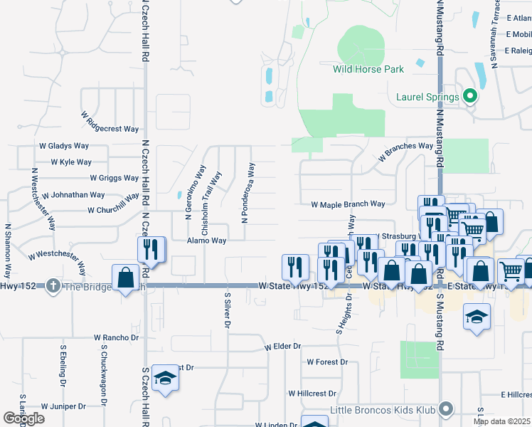 map of restaurants, bars, coffee shops, grocery stores, and more near 553 West Pine Rose Court Way in Mustang