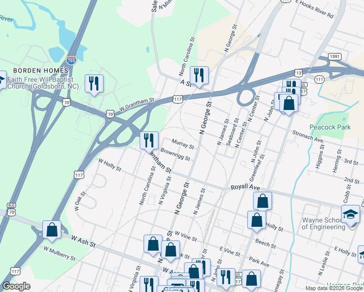 map of restaurants, bars, coffee shops, grocery stores, and more near 310 Murray Street in Goldsboro
