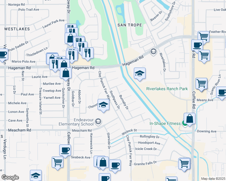 map of restaurants, bars, coffee shops, grocery stores, and more near 3911 Burnaby Drive in Bakersfield