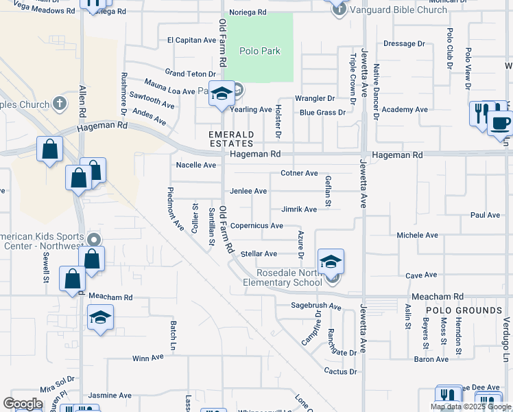 map of restaurants, bars, coffee shops, grocery stores, and more near 3900 Penner Street in Bakersfield