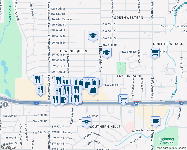 map of restaurants, bars, coffee shops, grocery stores, and more near 1320 Southwest 71st Street in Oklahoma City