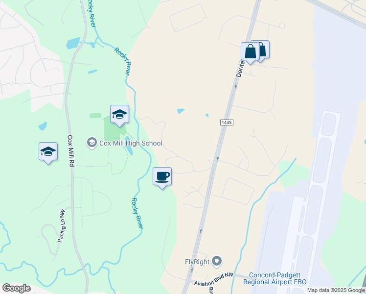 map of restaurants, bars, coffee shops, grocery stores, and more near Derita Road in Concord