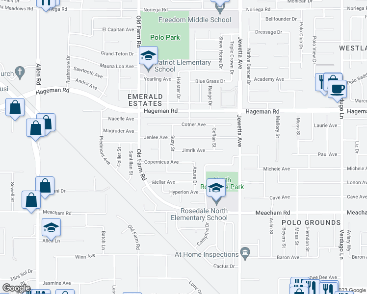 map of restaurants, bars, coffee shops, grocery stores, and more near 11712 Jimrik Avenue in Bakersfield