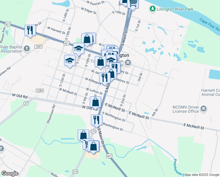 map of restaurants, bars, coffee shops, grocery stores, and more near 1101 South Main Street in Lillington