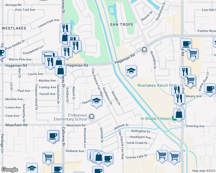 map of restaurants, bars, coffee shops, grocery stores, and more near 3911 Burnaby Drive in Bakersfield