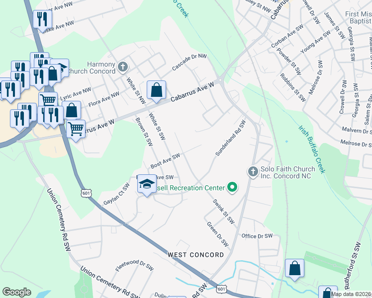 map of restaurants, bars, coffee shops, grocery stores, and more near 18 Bost Avenue Southwest in Concord