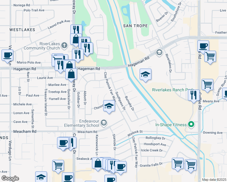 map of restaurants, bars, coffee shops, grocery stores, and more near 3817 Southpass Drive in Bakersfield