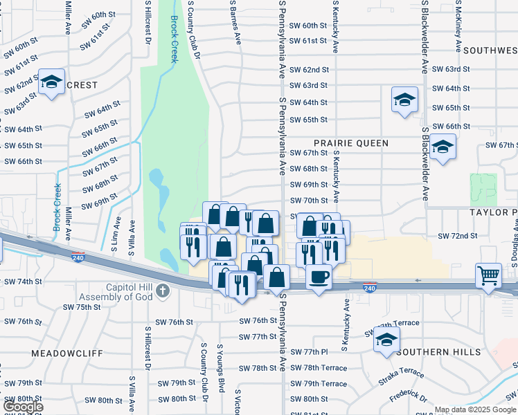 map of restaurants, bars, coffee shops, grocery stores, and more near 2120 Southwest 70th Street in Oklahoma City