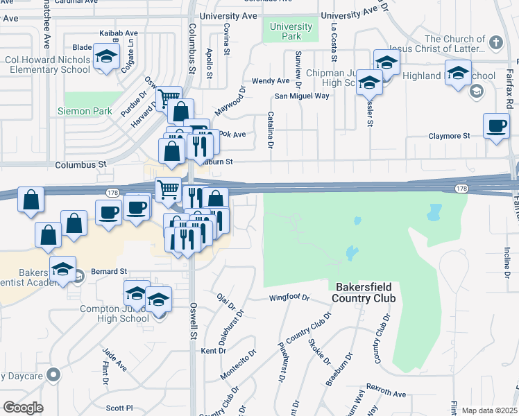 map of restaurants, bars, coffee shops, grocery stores, and more near 2409 East Hills Drive in Bakersfield