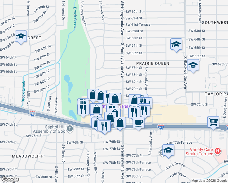 map of restaurants, bars, coffee shops, grocery stores, and more near 2120 Southwest 70th Street in Oklahoma City