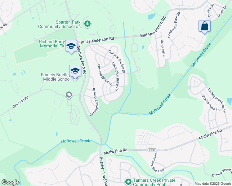 map of restaurants, bars, coffee shops, grocery stores, and more near 15216 Carrington Ridge Drive in Huntersville