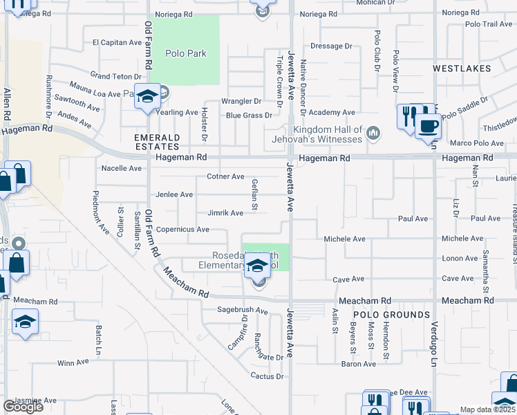 map of restaurants, bars, coffee shops, grocery stores, and more near 11416 Jimrik Avenue in Bakersfield