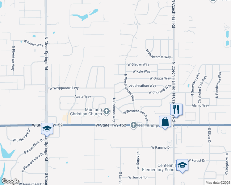 map of restaurants, bars, coffee shops, grocery stores, and more near 1233 West Johnathan Way in Mustang