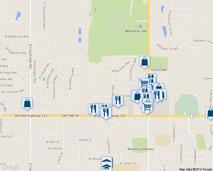 map of restaurants, bars, coffee shops, grocery stores, and more near 334 West Maple Branch Way in Mustang