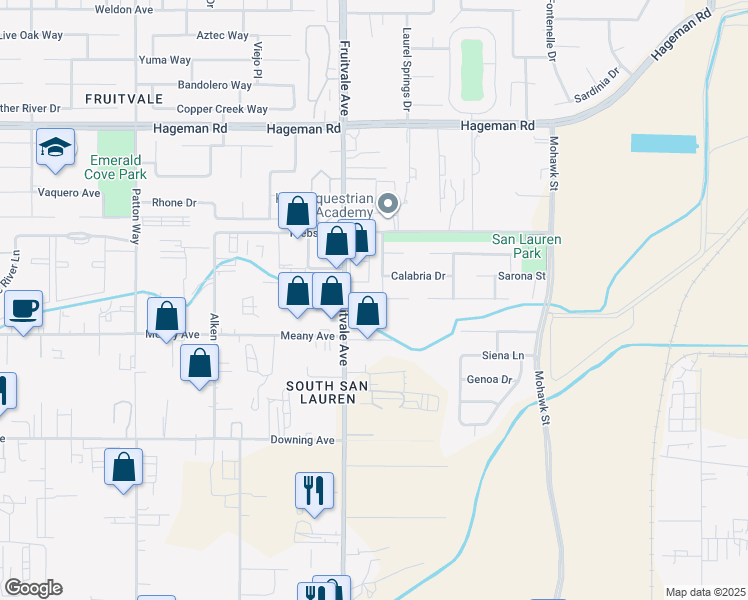 map of restaurants, bars, coffee shops, grocery stores, and more near 3903 Pescara Street in Bakersfield