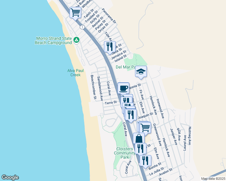 map of restaurants, bars, coffee shops, grocery stores, and more near 190 Capri Street in Morro Bay