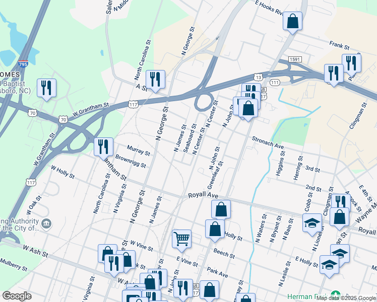 map of restaurants, bars, coffee shops, grocery stores, and more near 904 Seaboard Street in Goldsboro
