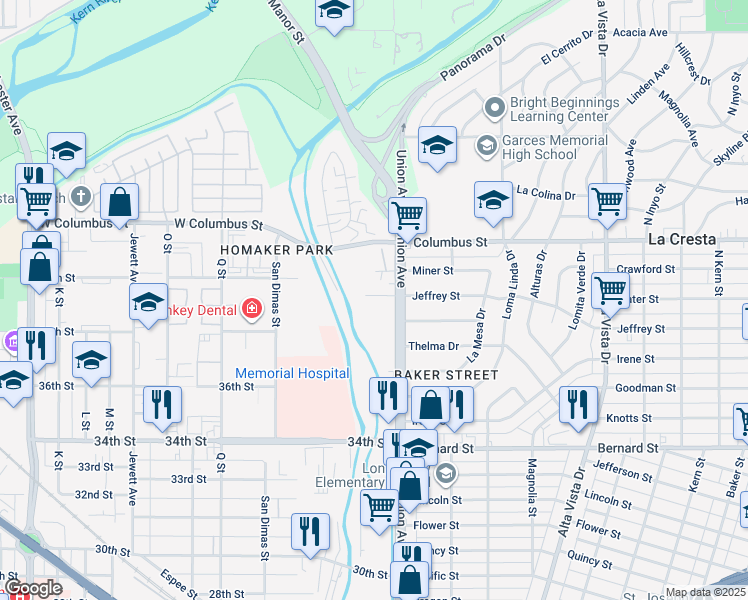 map of restaurants, bars, coffee shops, grocery stores, and more near 29 West Jeffrey Street in Bakersfield
