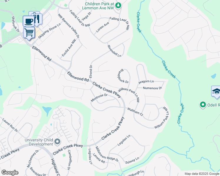 map of restaurants, bars, coffee shops, grocery stores, and more near 10027 Falmouth Lane in Charlotte