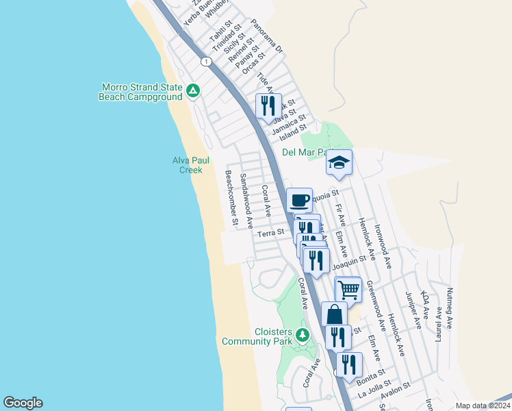 map of restaurants, bars, coffee shops, grocery stores, and more near 160 Capri Street in Morro Bay