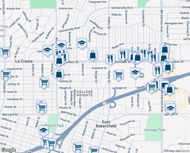 map of restaurants, bars, coffee shops, grocery stores, and more near 1231 Water Street in Bakersfield