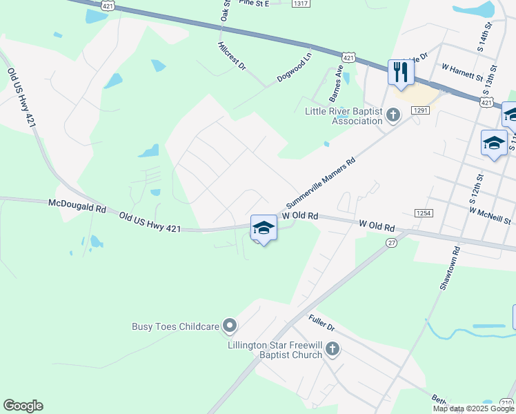 map of restaurants, bars, coffee shops, grocery stores, and more near 35 Cypress Moss Court in Lillington