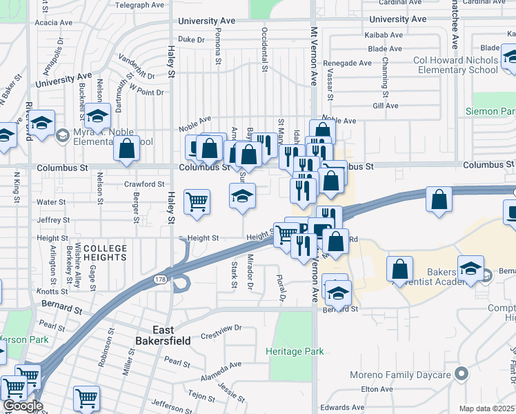 map of restaurants, bars, coffee shops, grocery stores, and more near 2551 Sunny Lane in Bakersfield