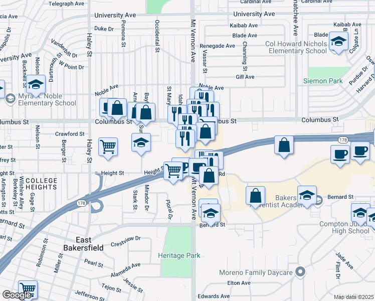 map of restaurants, bars, coffee shops, grocery stores, and more near 2676 Mount Vernon Avenue in Bakersfield