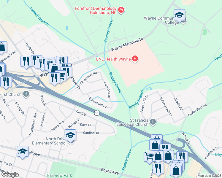 map of restaurants, bars, coffee shops, grocery stores, and more near 303 Glen Oak Drive in Goldsboro