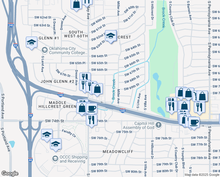 map of restaurants, bars, coffee shops, grocery stores, and more near 2759 Interstate 240 Service Road in Oklahoma City