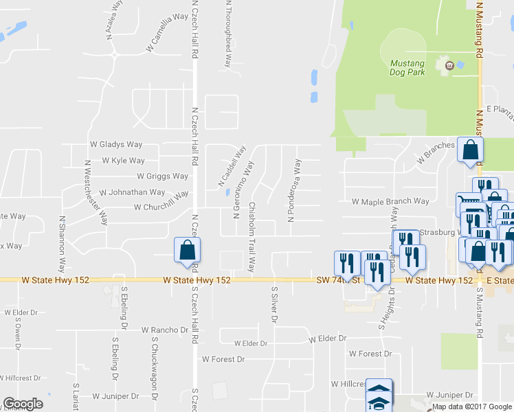 map of restaurants, bars, coffee shops, grocery stores, and more near 418 Chisholm Trail Way in Mustang