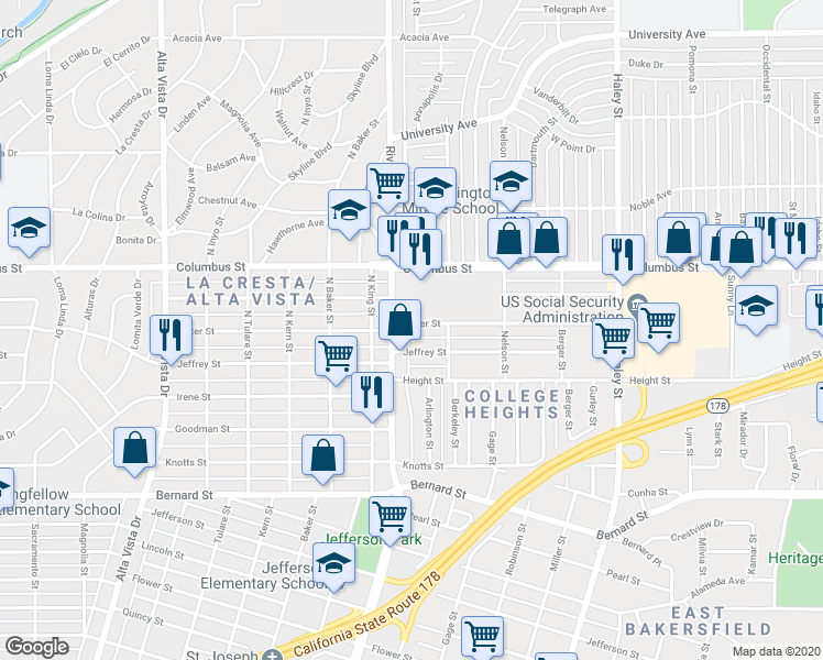 map of restaurants, bars, coffee shops, grocery stores, and more near 905 Water Street in Bakersfield