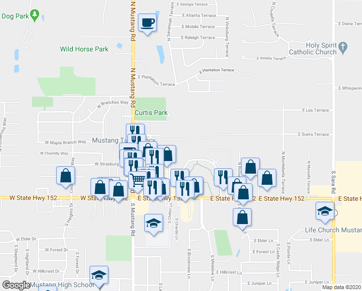 map of restaurants, bars, coffee shops, grocery stores, and more near 505 North Jacob Terrace in Mustang