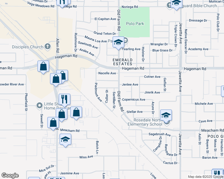 map of restaurants, bars, coffee shops, grocery stores, and more near 3923 Santillan Street in Bakersfield