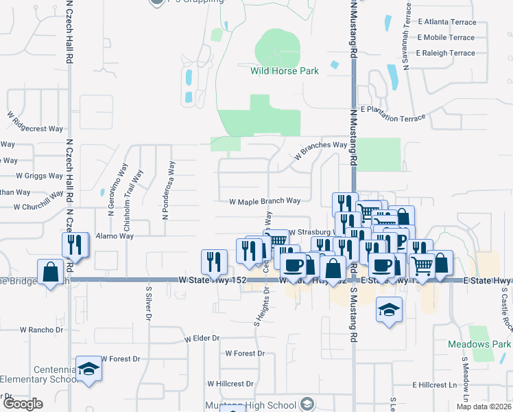 map of restaurants, bars, coffee shops, grocery stores, and more near 334 West Maple Branch Way in Mustang