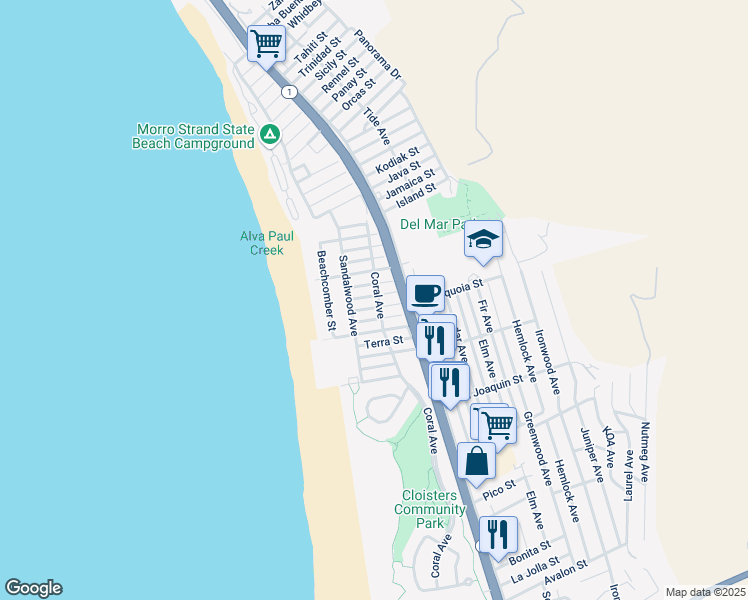 map of restaurants, bars, coffee shops, grocery stores, and more near 190 Capri Street in Morro Bay