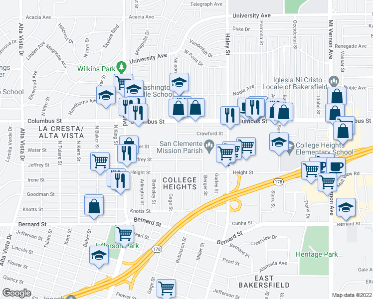 map of restaurants, bars, coffee shops, grocery stores, and more near 1221 Water Street in Bakersfield