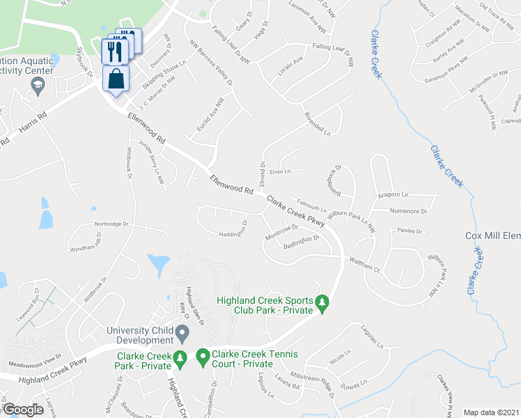 map of restaurants, bars, coffee shops, grocery stores, and more near 10312 Haddington Drive in Charlotte