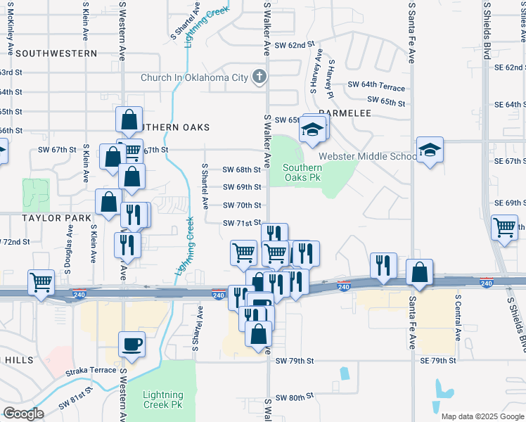 map of restaurants, bars, coffee shops, grocery stores, and more near 7200 South Walker Avenue in Oklahoma City