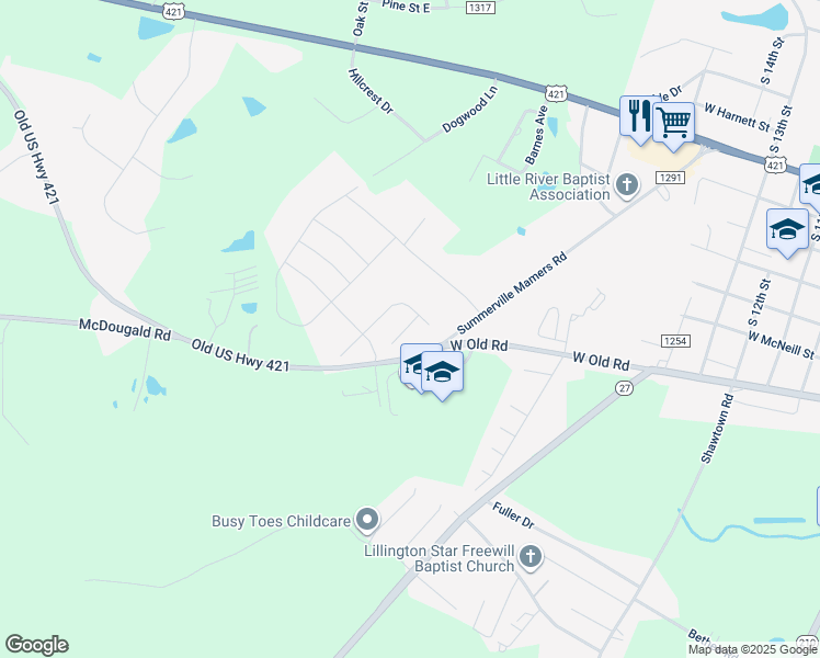 map of restaurants, bars, coffee shops, grocery stores, and more near 35 Cypress Moss Court in Lillington