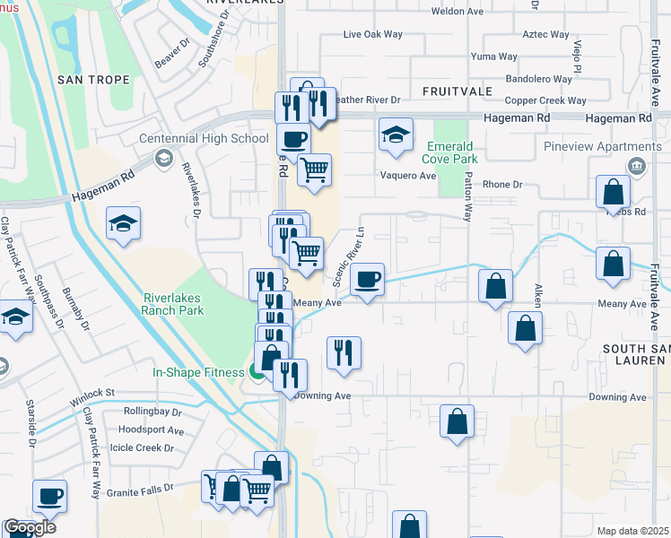 map of restaurants, bars, coffee shops, grocery stores, and more near 205 Scenic River Lane in Bakersfield