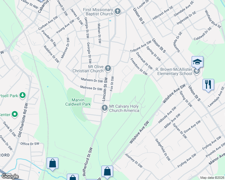 map of restaurants, bars, coffee shops, grocery stores, and more near 363 Fox Street Southwest in Concord