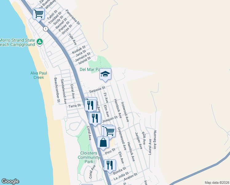 map of restaurants, bars, coffee shops, grocery stores, and more near 2950 Hemlock Avenue in Morro Bay