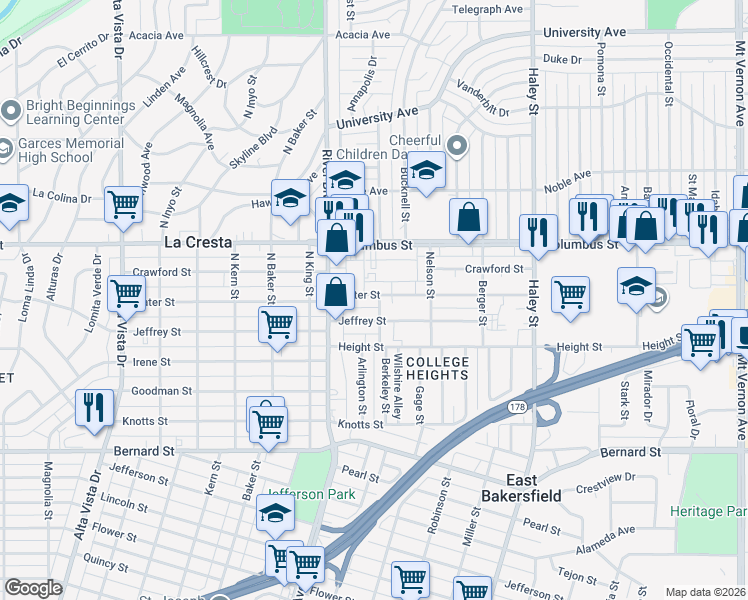 map of restaurants, bars, coffee shops, grocery stores, and more near 929 Water Street in Bakersfield
