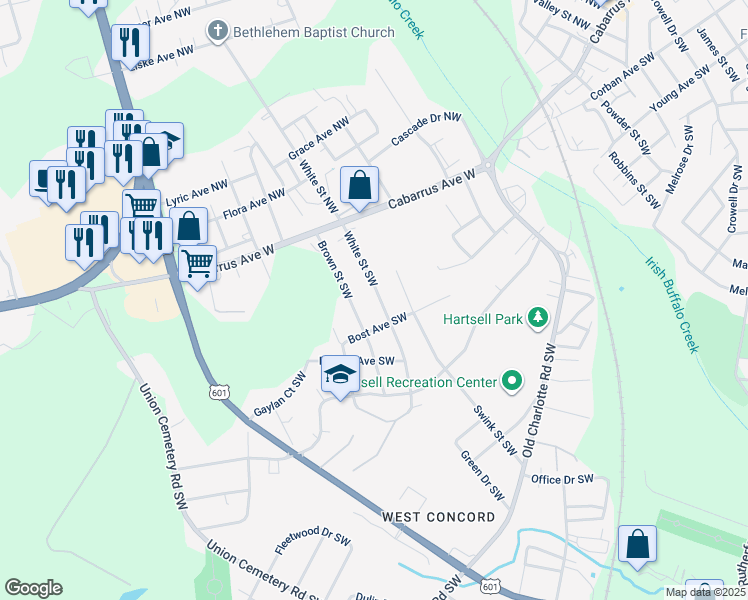 map of restaurants, bars, coffee shops, grocery stores, and more near 76 White Street Southwest in Concord