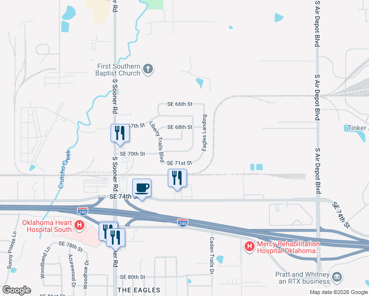 map of restaurants, bars, coffee shops, grocery stores, and more near 6013 Southeast 70th Street in Oklahoma City